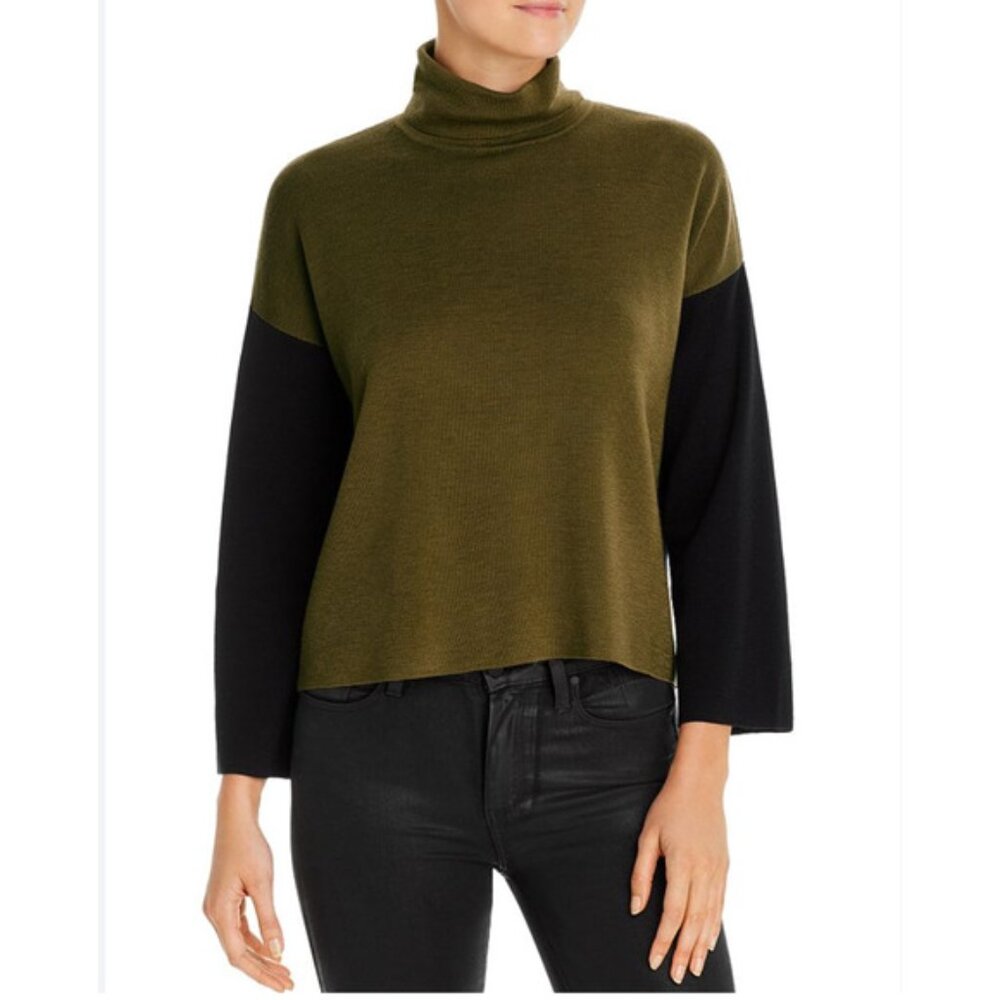 Eileen Fisher 100% Merino Wool color-blocked turtleneck cropped sweater